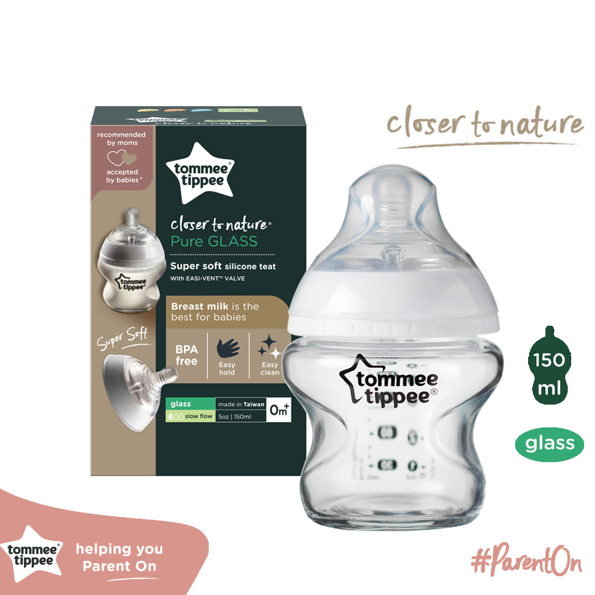 Bình sữa thủy tinh ty siêu mềm tự nhiên Tommee Tippee Closer to Nature 150ml, núm ty đi kèm 0-3 tháng