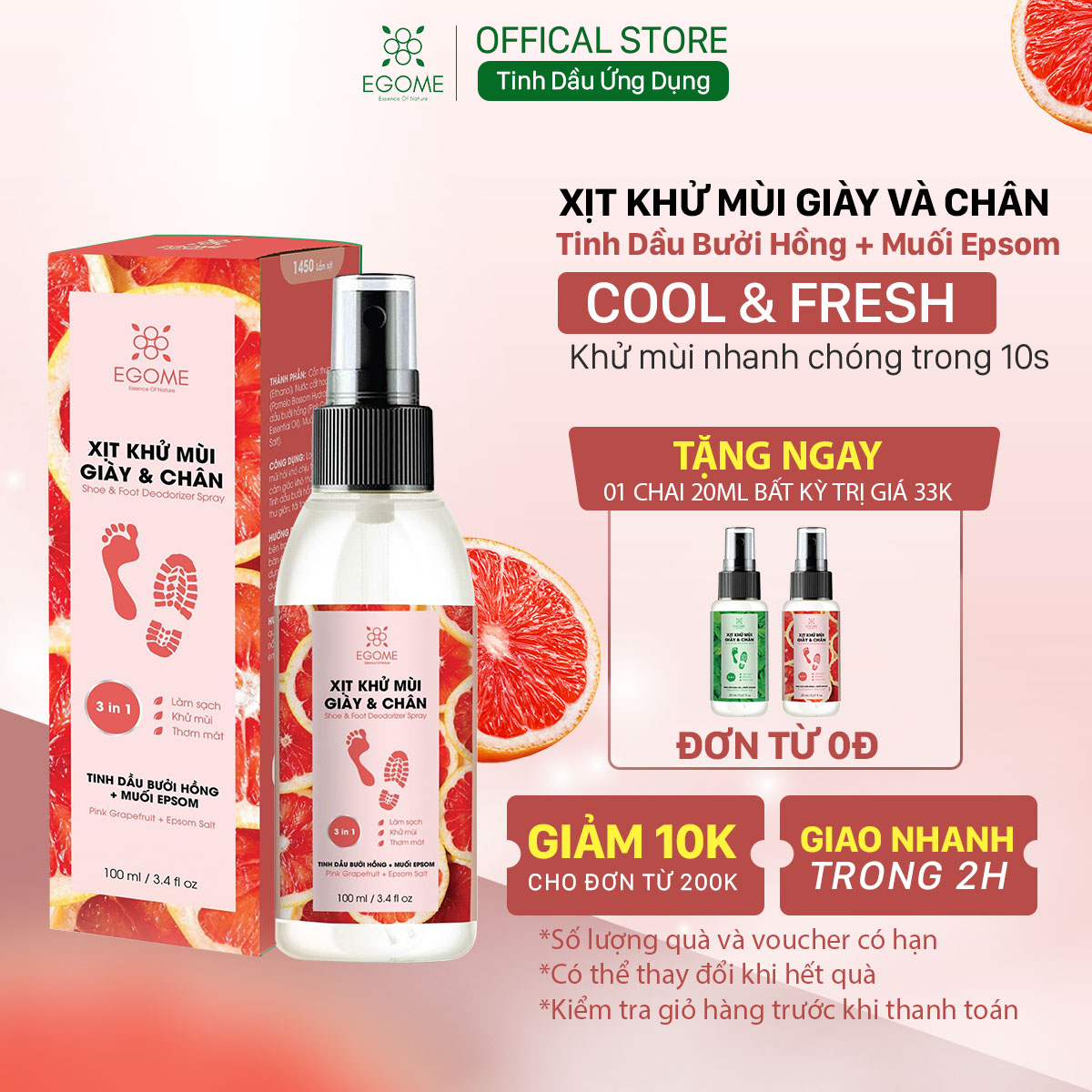 Xịt Khử Mùi Giày Và Chân Egome Tinh Dầu Bưởi Hồng làm sạch và thơm mát 100ml