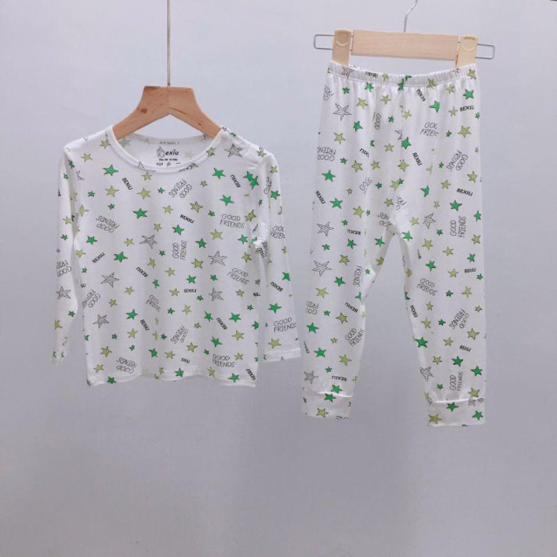 Bộ dài tay thun lạnh nút cài vai Bexiu Bé Xíu trắng in hình cute cho bé trai bé gái từ 5-19kg
