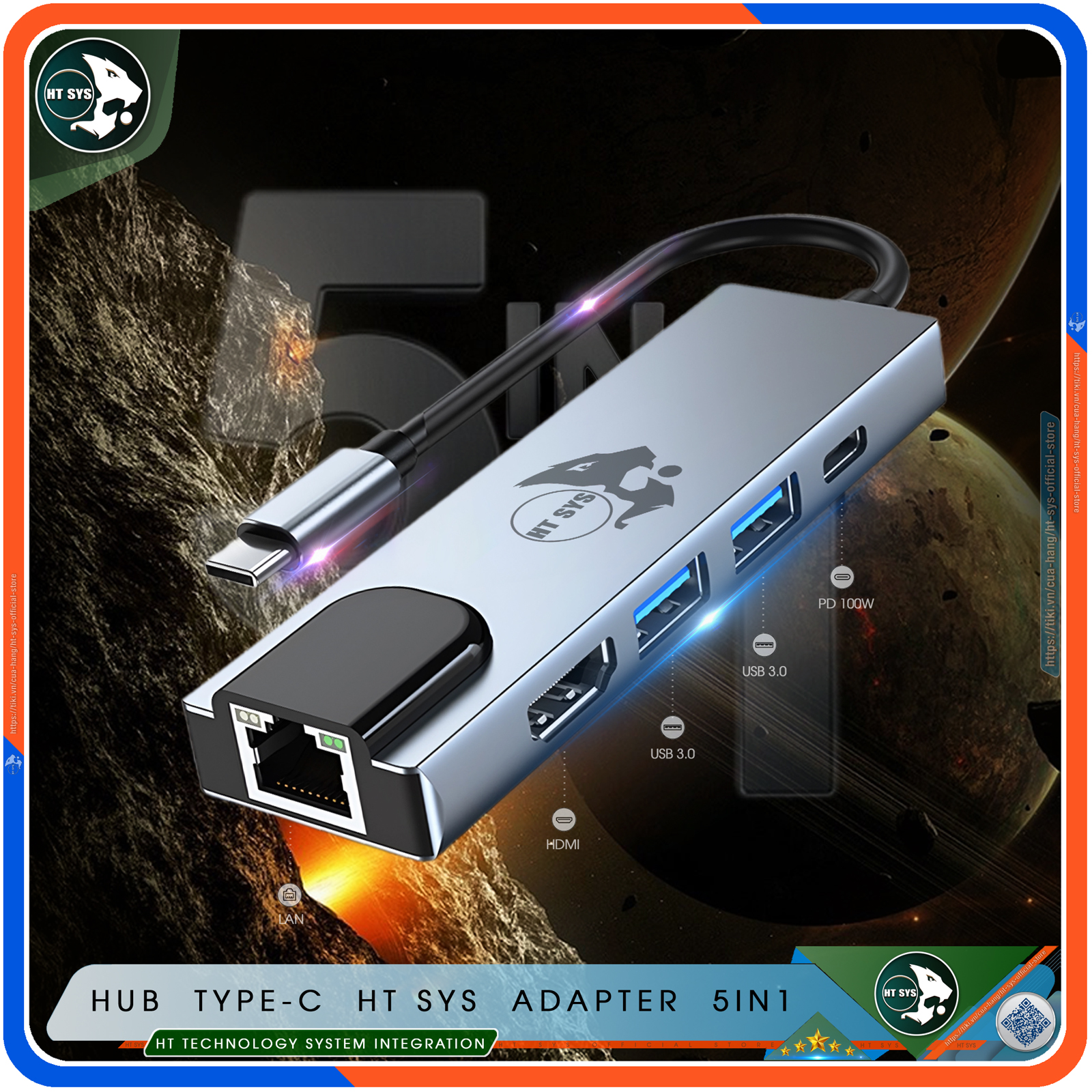 Hub Type-C To HDMI HT SYS 5in1 Chuẩn HDTV - Hub Chuyển Đổi USB Type-C 5 Cổng - Cổng Mạng Lan, HDMI 4K, USB 3.0, Sạc Nhanh Type C PD - Kết Nối Nhiều Thiết Bị Với Tốc Độ Cao - Dành Cho MacBook, Tivi, Laptop, PC, Máy Tính Bảng, Smartphone – Hàng Chính Hãng