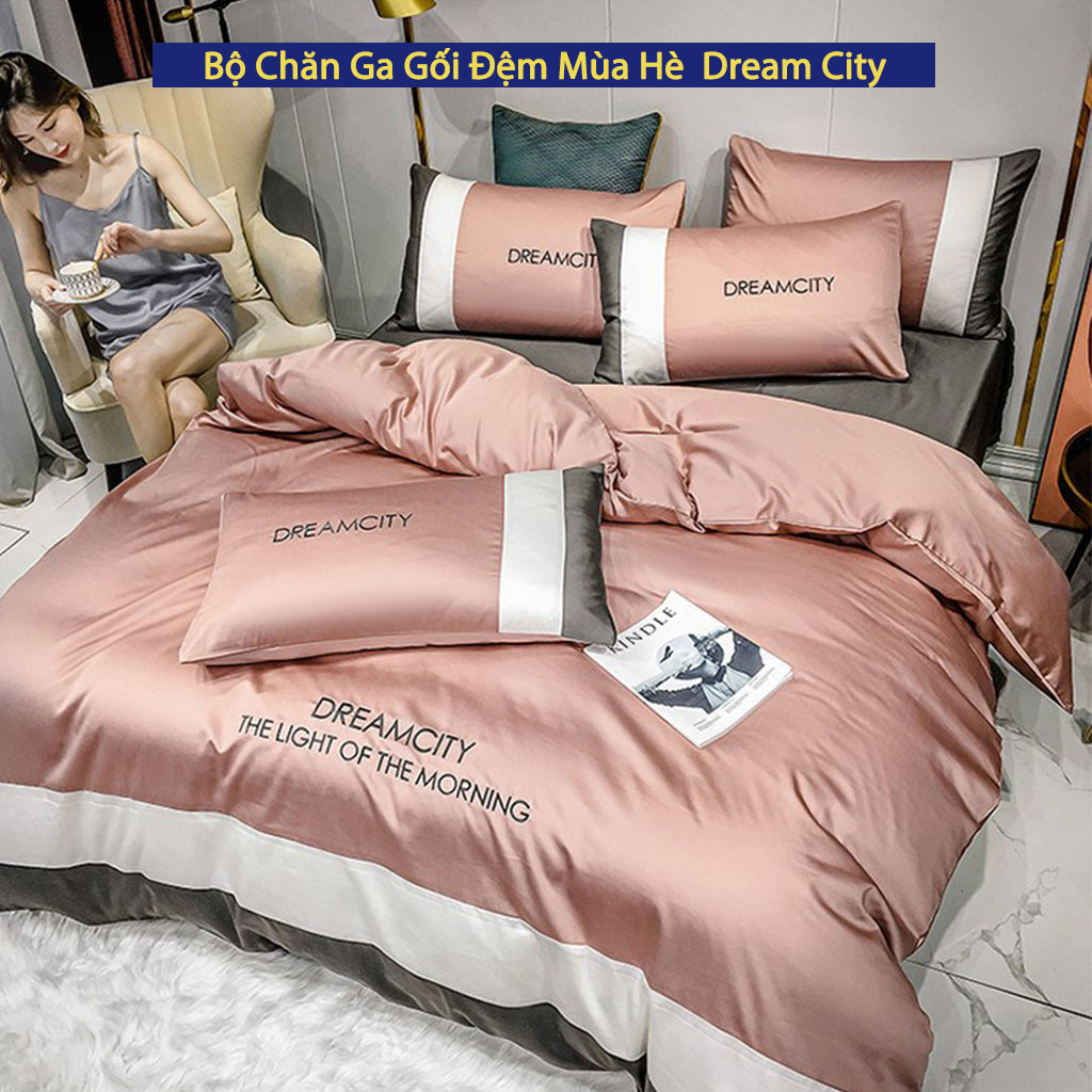 Bộ Chăn Ga Gối Đệm Mùa Hè Dream City Drap Giường Phi Bóng Cao Cấp Bo Chun Drap