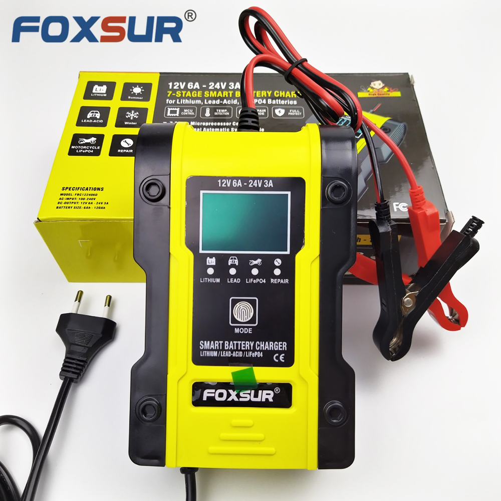 Bộ sạc Foxsur FBC122406D 6A sạc pin Lithium ion 18650, LiFePO4 pin sắt 32650, ắc quy axít chì 12V(6A) 24V(3A) 6Ah - 120AH