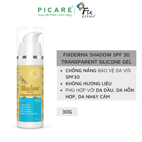 Kem Chống Nắng Fixderma Dạng Gel Cho Da Mụn Nhạy cảm Shadow SPF30 Transparent Silicone Gel 30g