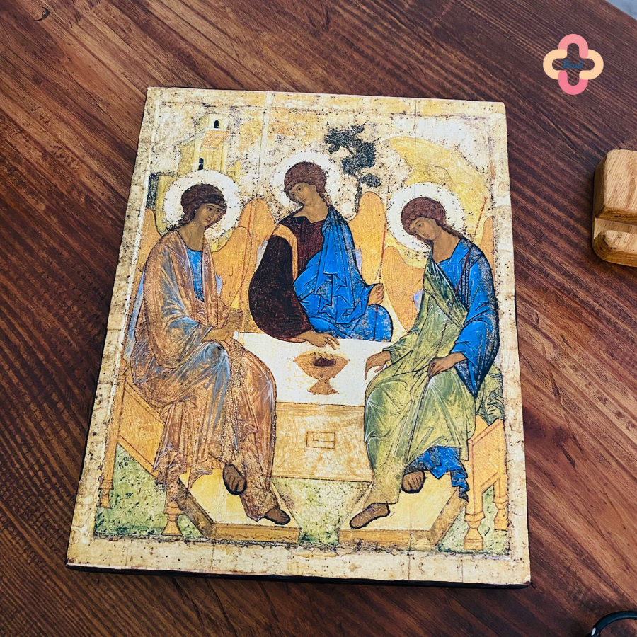 Icon Chúa Ba Ngôi Beati - Tranh Gỗ Thủ Công Màu Rustic / Icon of the Holy Trinity by Andrei Rublev