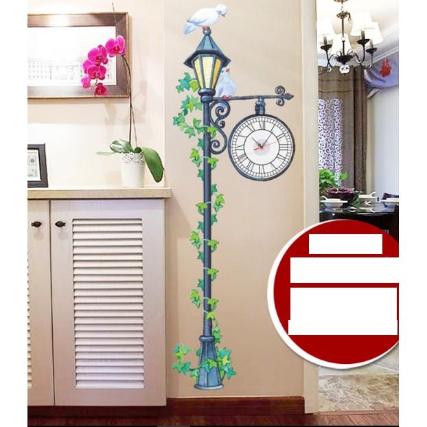 Decal Trang Trí Tường Kèm Đồng Hồ Dán Tường- Cây Đèn Cổ Điển