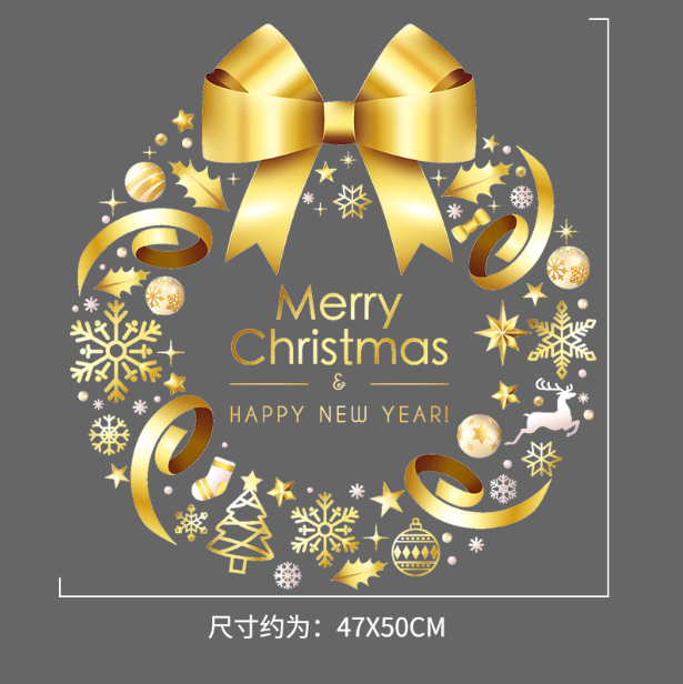 Decal trang trí Noel hít tĩnh điện - Vòng nguyệt quế nơ ánh vàng