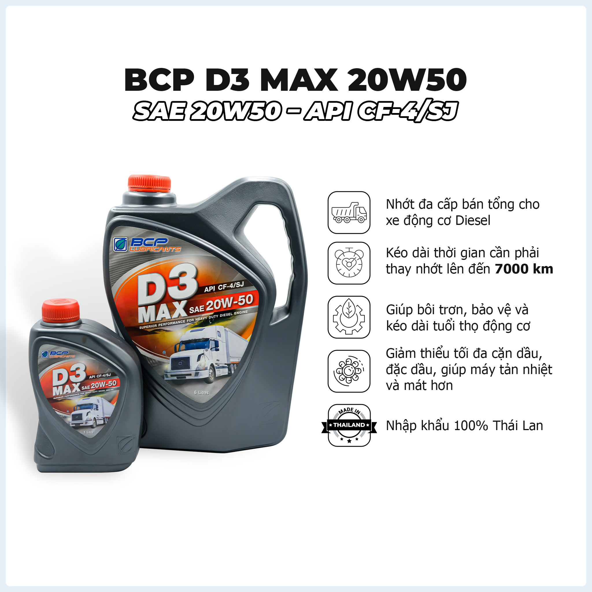 Nhớt Động Cơ Diesel BCP D3 MAX CF4-SJ, 15W40/20W50 - Dung tích 6+1L - Hàng nhập khẩu