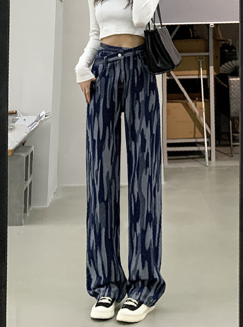 Quần jeans suông dài nữ HQJeans lưng đắp chéo họa tiết mẫu mới
