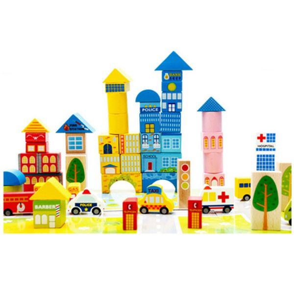 Mô hình đô thị- Đồ Chơi Gỗ Xếp Hình Giao Thông Thành Phố - Ghép hình sáng tạo- Có hộp thả khối