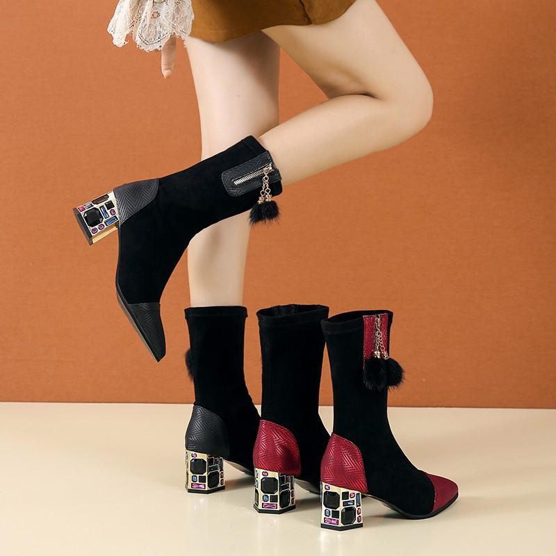 Pointed Toe Short ANKLE Boots Women 2021 New Occident Sexy Stovepipe Suede Stretch Women's Boots Rhinestone High Heel Boots