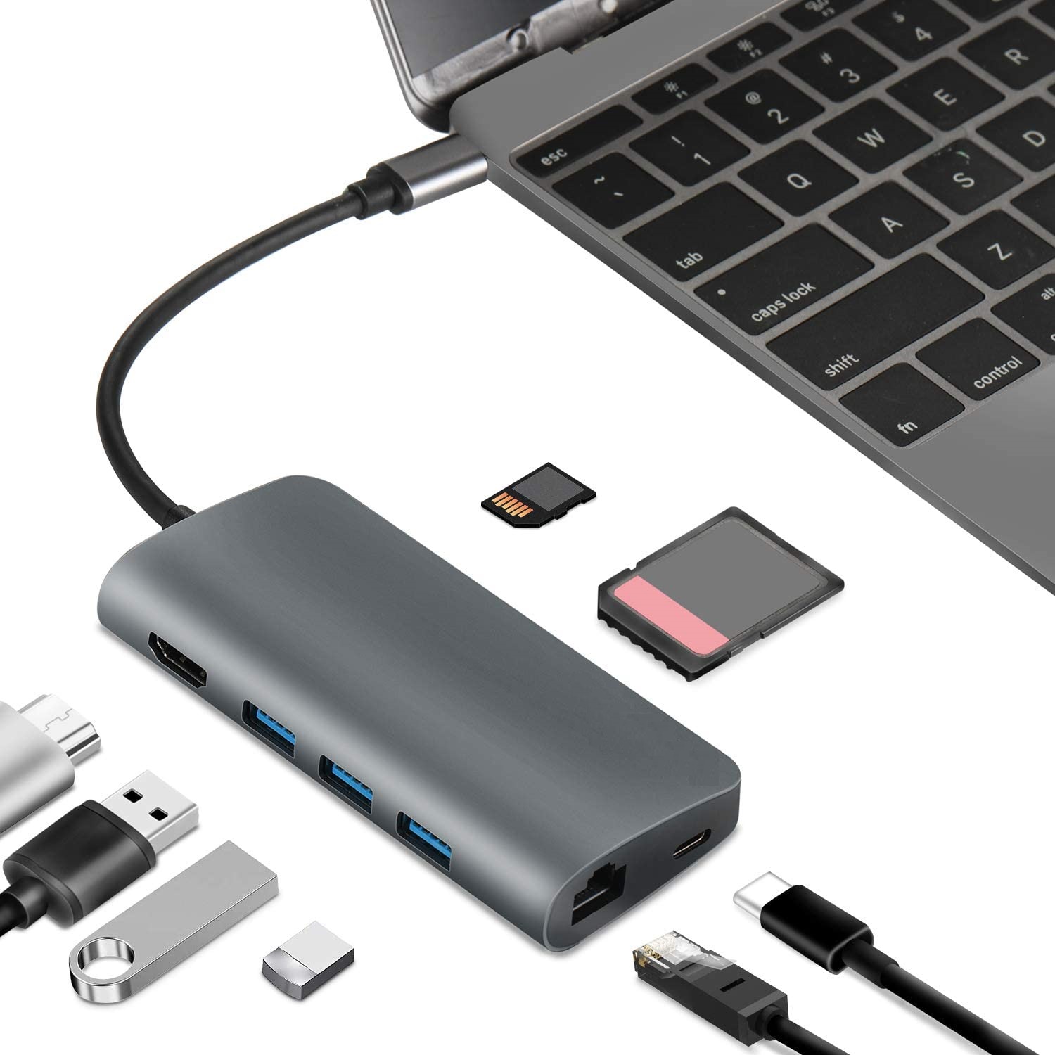 Bộ chuyển 8 in 1 USB C sang cổng HDMI / đầu đọc thẻ SD-TF / 3x USB 3.0 / đầu mạng RJ45 / Type C nguồn - Màu ngẫu nhiên