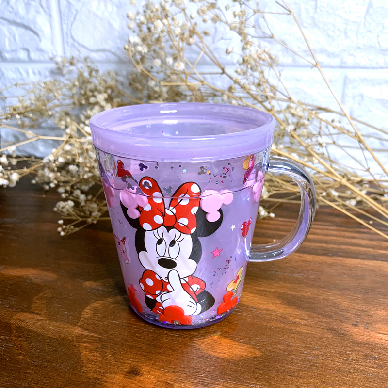 Ly quai cầm tay 2 lớp nhũ nước kim tuyến trong suốt hình chuột Minnie Mouse màu hồng siêu cute cho bé gái 260ml - 118VNDM2504