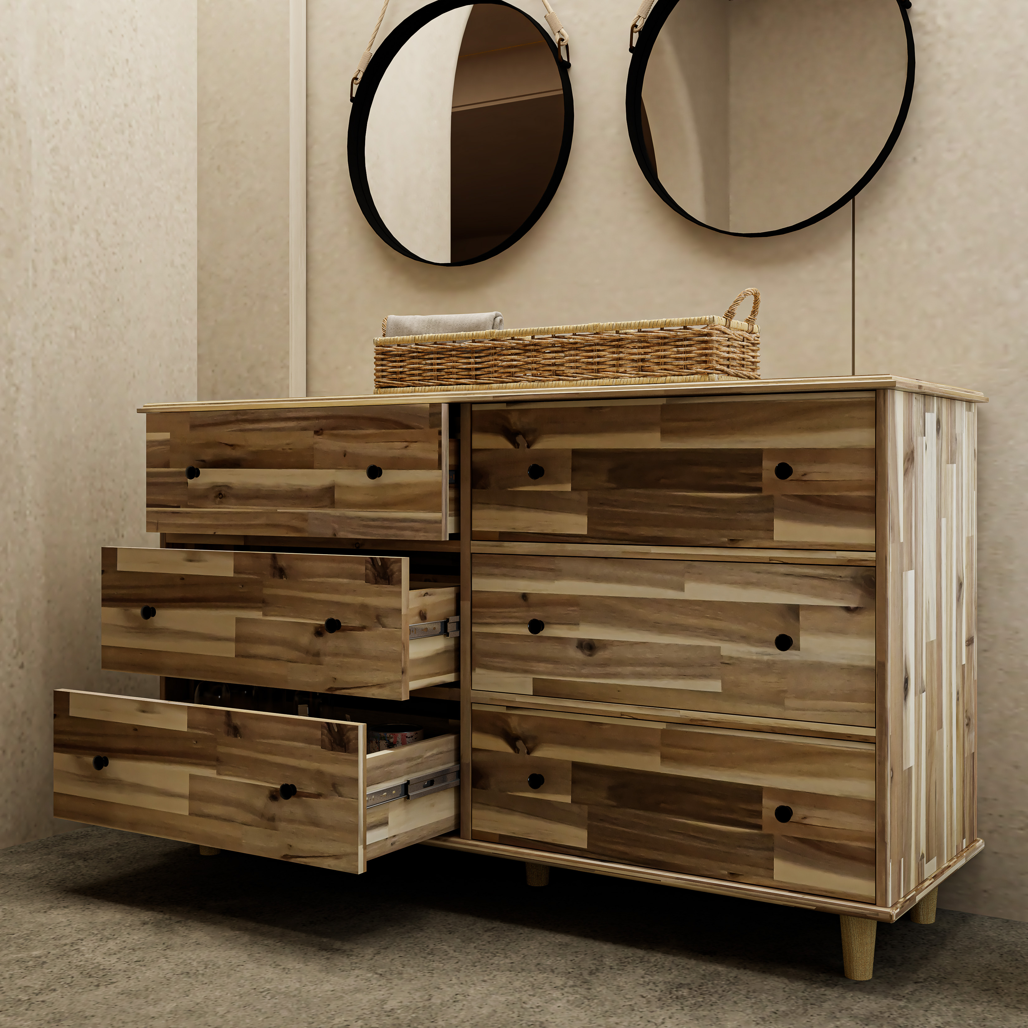 HAPPY FURNITURE , Gỗ tự nhiên , Tủ lưu trữ 6 ngăn kéo - FARAH , THK_181 , 140x45x82cm