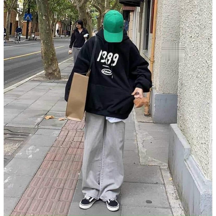 ÁO KHOÁC HOODIE NỈ NGOẠI  họa tiết in số 1989 có 2 màu đen kem