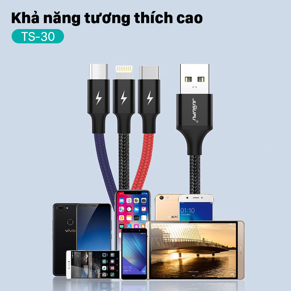 Dây sạc 3 đầu JUYUPU TS30 sạc nhanh 3A cáp sạc bọc dù cao cấp sạc điện thoại iPhone Samsung OPPO Vivo HUAWEI XIAOMi - HÀNG CHÍNH HÃNG