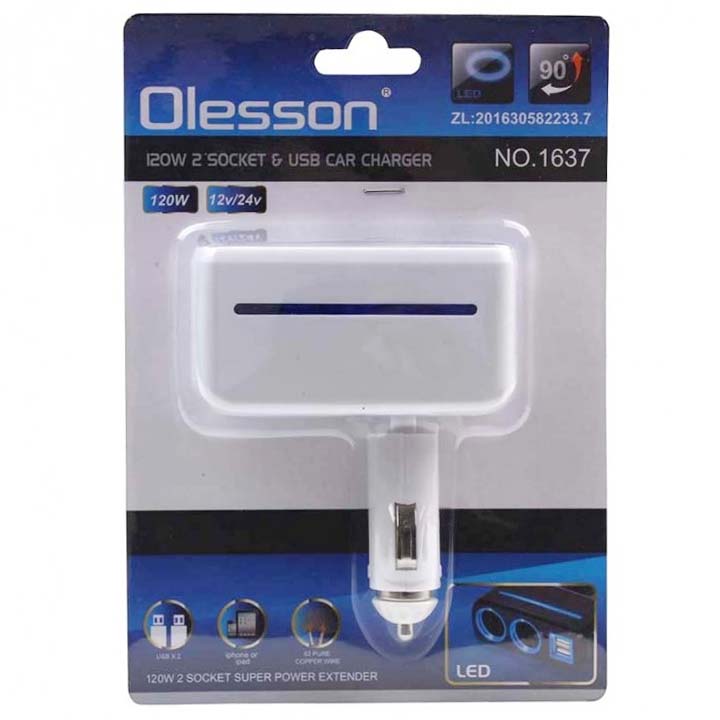 Bộ Chia Tẩu Sạc Dành Cho Xe Ô Tô 2 Cổng Tẩu 2 USB Model 1637 IN-CAR OLESSON