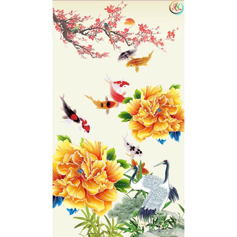 Tranh dán tường 3D-Cá hoa mẫu đơn -vải lụa kim tuyến