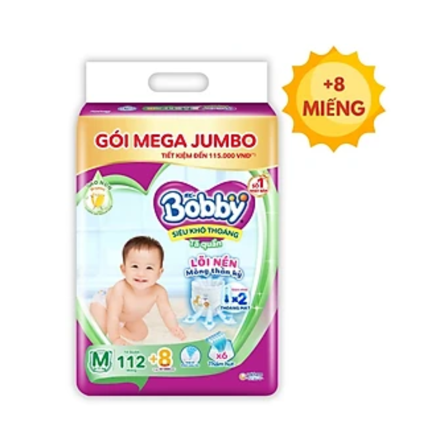 Tã/bỉm quần Bobby 3mm Mega Jumbo Gạo non Giảm nhiệt M112/L96/XL84/XXL76