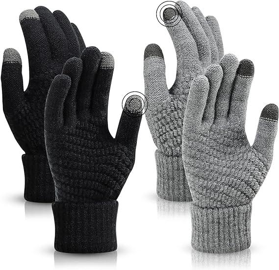 2 cặp găng tay dệt kim mùa đông unisex, một vài găng tay nóng, găng tay màn hình cảm ứng với lớp lót lông cừu tốt, phù hợp cho các hoạt động giải trí, đen và xám