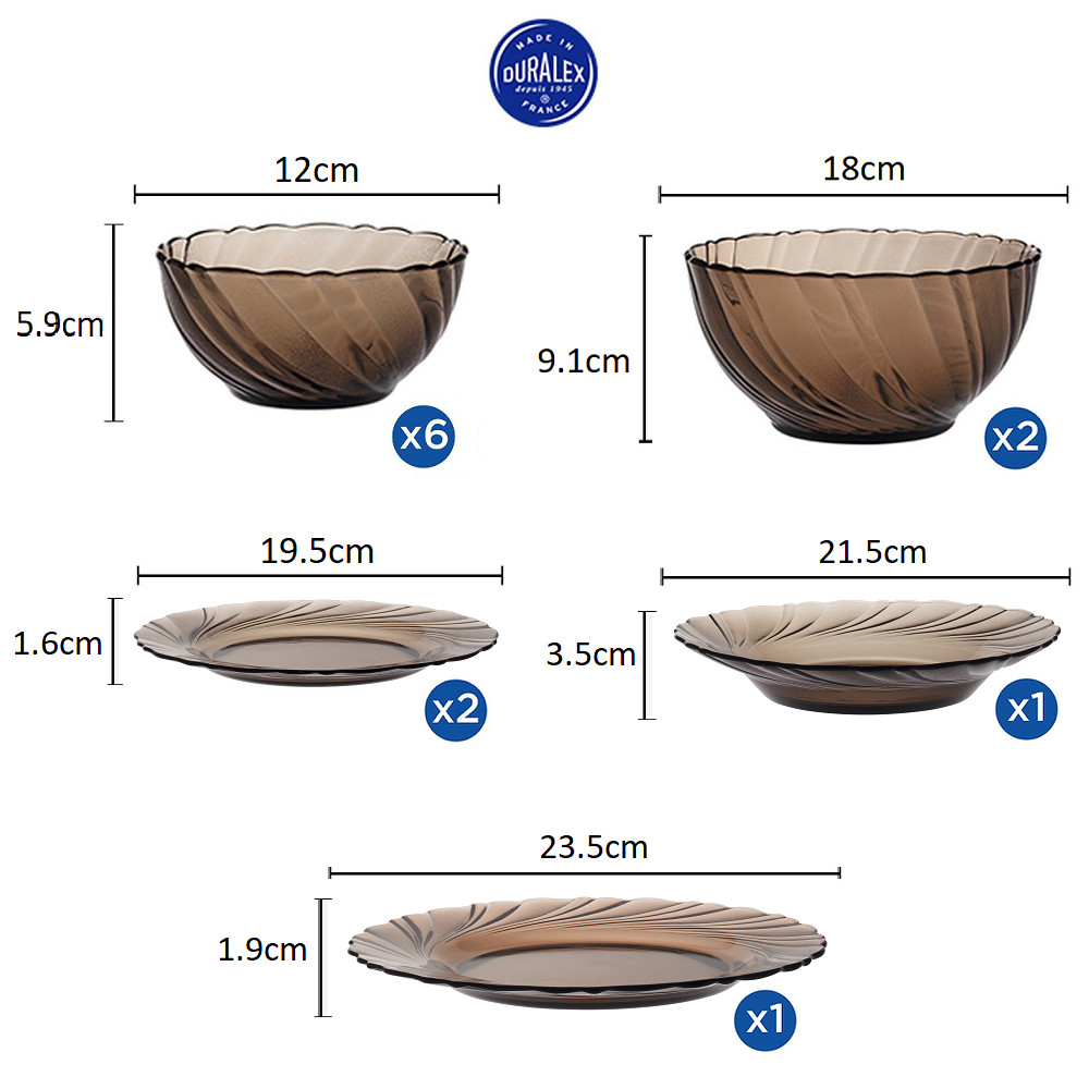 Bộ bàn ăn 12 món D7012BC Duralex - Beau Rigave nâu khói Creole Thủy tinh cường lực cao cấp Pháp