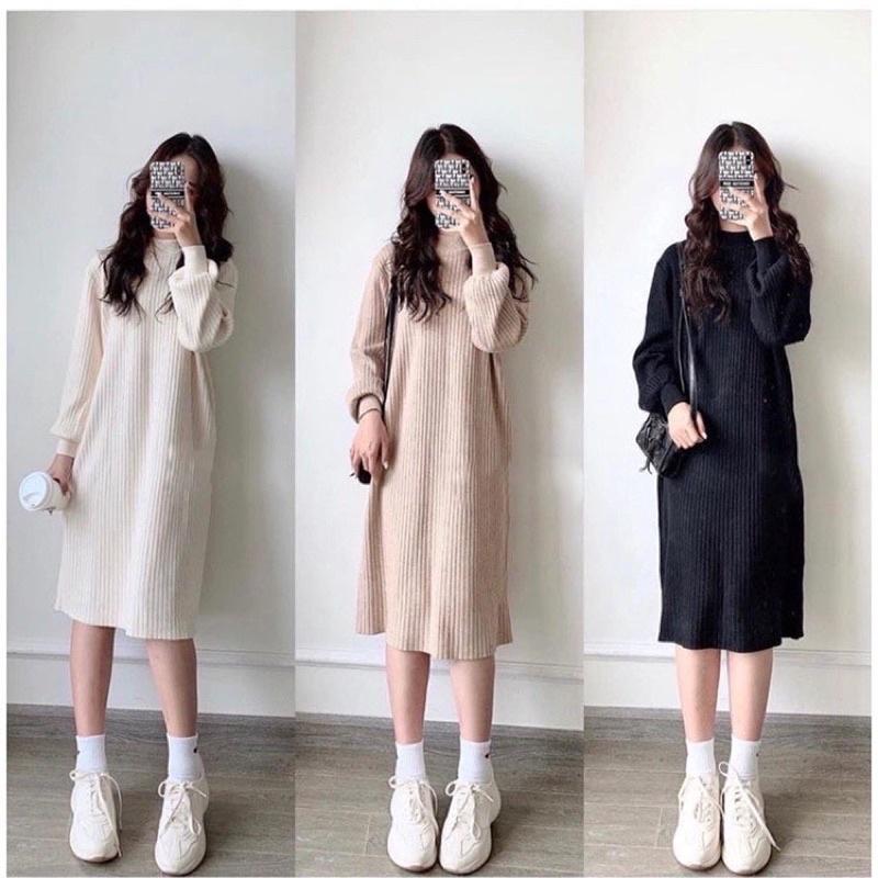 Váy dáng xuông tay bo chụ chất len tăm cổ cao đầm dài cổ tròn