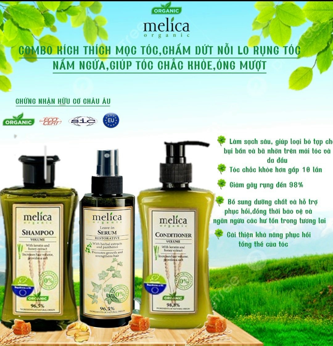 Cặp gội xả thảo dược hữu cơ ngừa rụng tóc, kích thích mọc tóc Melica Organic 300ml Keratin và Protein thủy phân