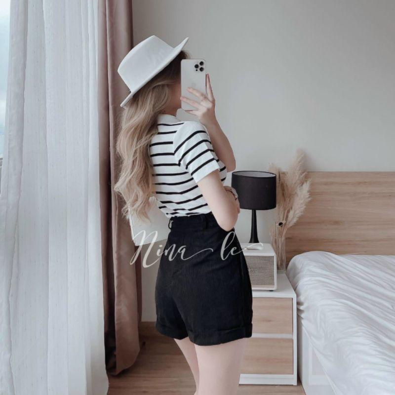 Áo len nữ Montoghi dệt kim Quảng Châu logo ONG CD kẻ sọc cổ bẻ phối nút thêu thanh lịch và năng động
