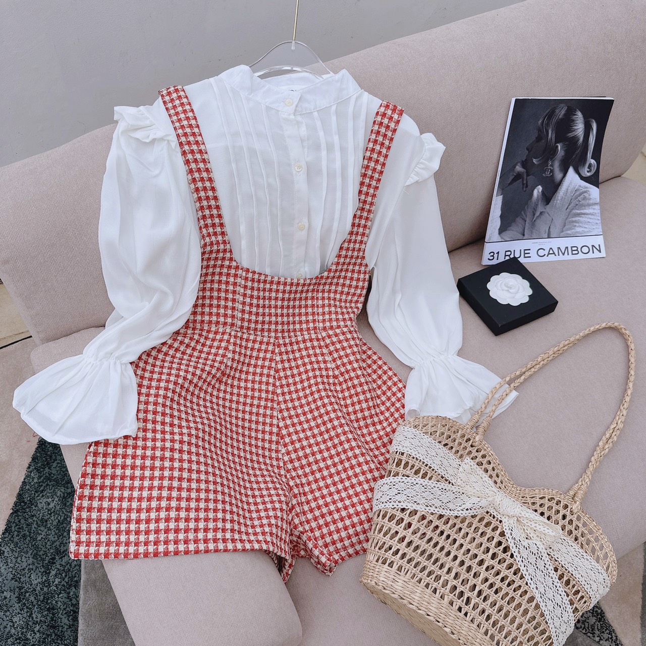 SET ĐẦM YẾM JUMPSUIT ĐỒ BAY CARO ĐỎ QUẦN VÁY + ÁO SƠ MI TRƠN TAY BỒNG LOE DẠO PHỐ DỰ TIỆC