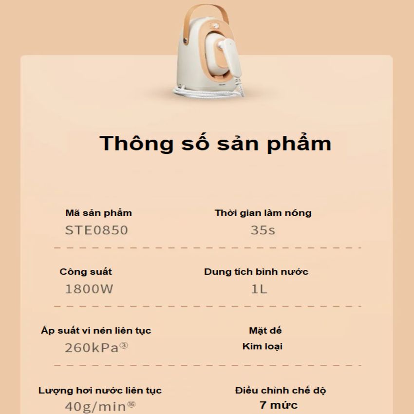 Bàn là, ủi hơi nước cầm tay công suất lớn 1800W thương hiệu Philips STE0850/50 - Hàng chính hãng (Bảo Hành 24 Tháng)