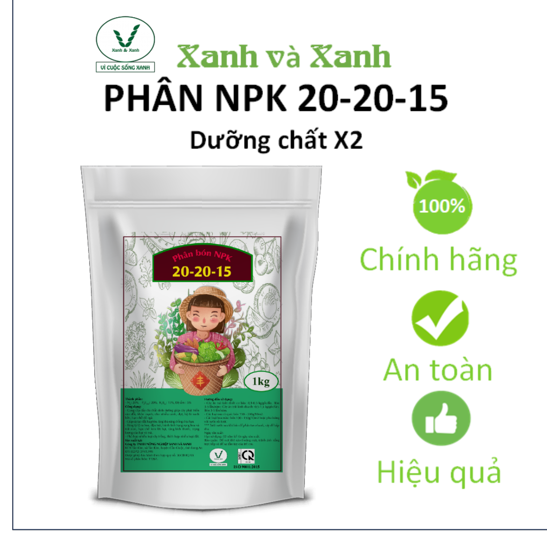 Phân NPK 20-20-15 -Phân bón Xanh và Xanh  bổ sung vi lượng - Giúp cây ra rễ, đâm chồi, hỗ trợ sự phát triển tối đa cho cây trồng - 1kg.