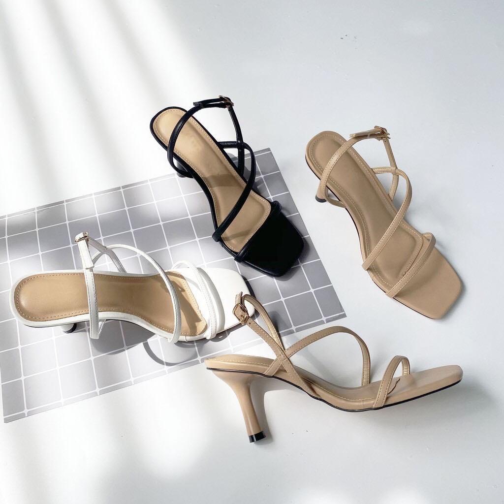 Giày cao gót sandal nữ, nhọn 7cm, mũi vuông, quai dây mảnh phù hợp công sở, dự tiệc