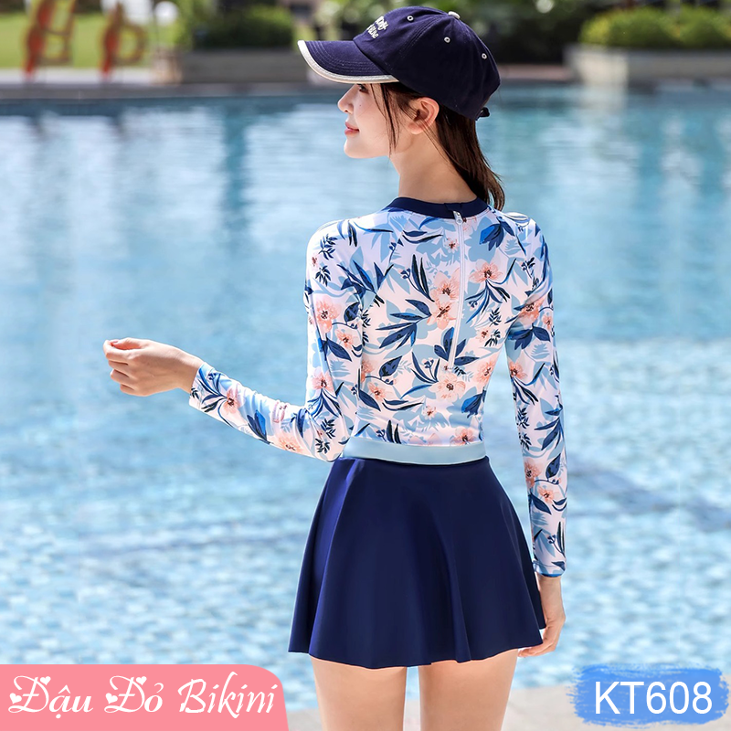 Bộ Bơi Nữ Liền Quần Tam Giác Kèm Chân Váy Rời, Áo Dài Tay Chống Nắng UV Màu Sáng, Thun Bơi Mát, Có Sẵn Đệm Tròn Tạo Phom | KT608