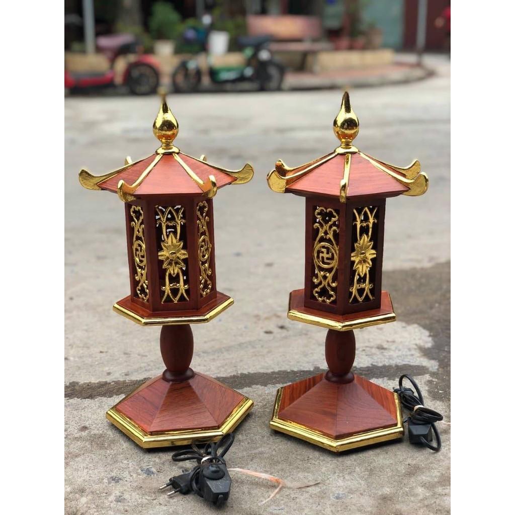 Cặp đèn thờ mái chùa gỗ hương cao 48cm
