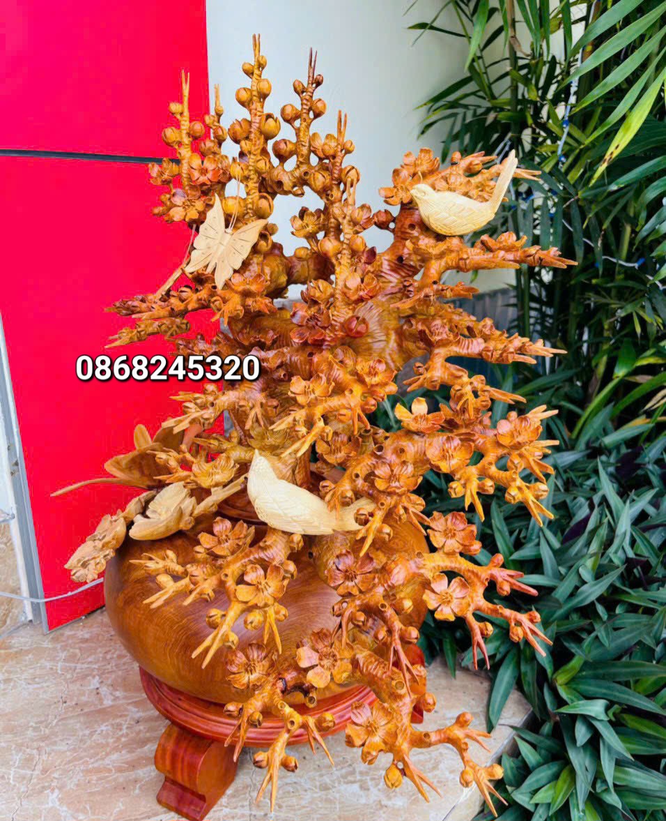 2 bình hoa mai lan phong thủy trang trí phòng khách gỗ hương ta