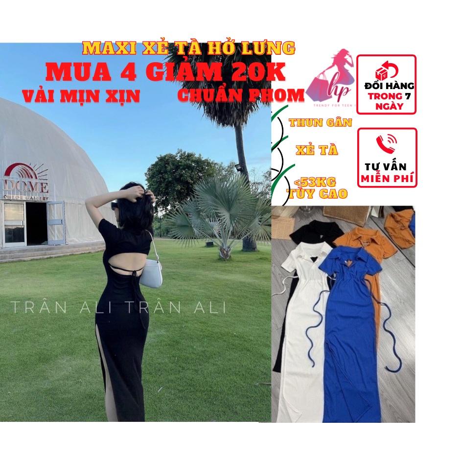 Váy đầm maxi dài nữ ôm bodycổ polo xẻ tà hở lưng đan dây tay tay ngắn thời trang dự tiệc sexy phong cách hàn-VD08