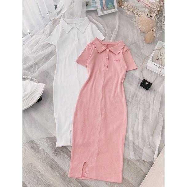 Đầm body in chữ xẻ tà trắng hồng