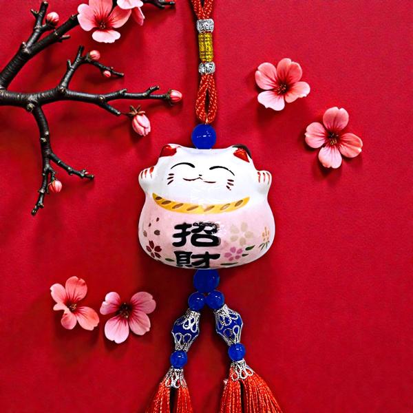 Dây Mèo May Mắn Treo Xe - Màu Hồng