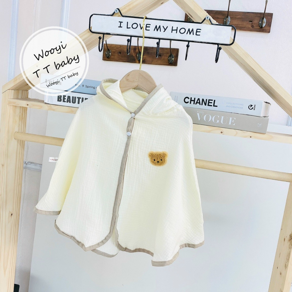 Áo choàng cánh dơi chống nắng, tránh gió hình gấu dễ thương wooyi chất liệu xô muslin cho bé.