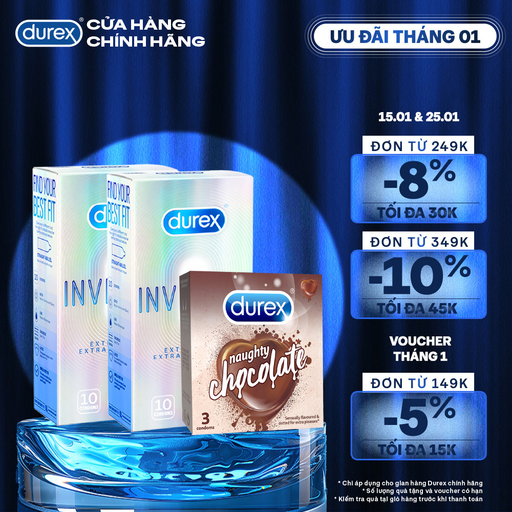 Bộ 3 hộp bao cao su Durex Invisible  Extra Thin Extra Sensitive siêu mỏng, size 52mm, 3 bao/hộp