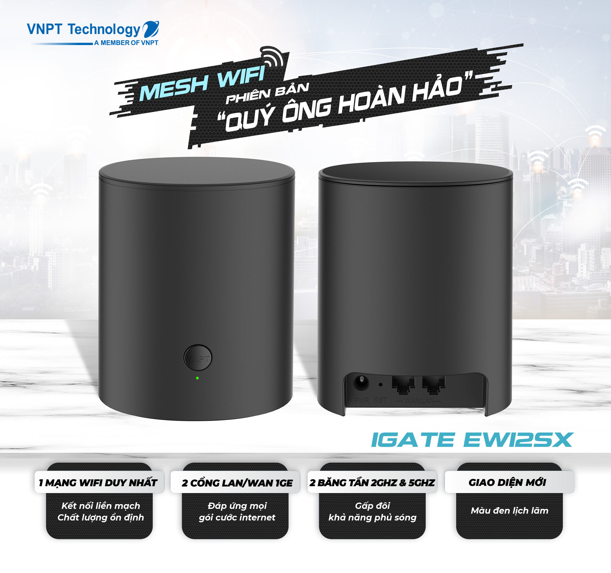 Hệ thống Wifi công nghệ Mesh 2 băng tần chuẩn AC 1200Mbps VNPT Technology iGate EW12SX hàng chính hãng