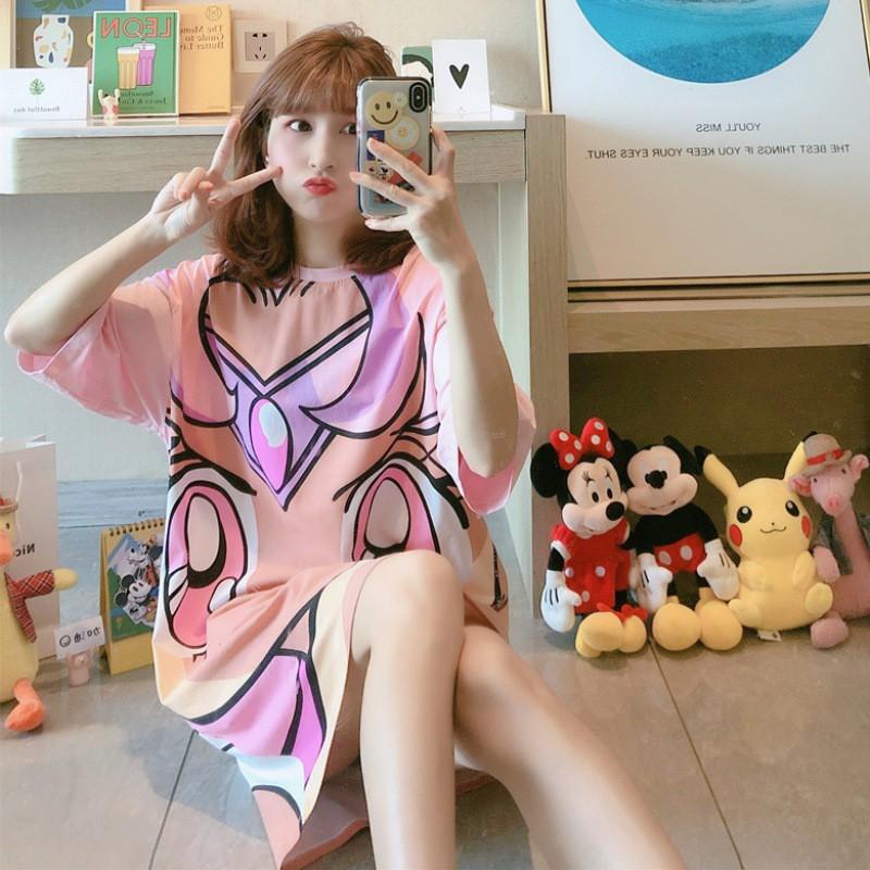 Đầm Ngủ Ngắn Tay In Họa Tiết Hoạt Hình Xinh Xắn Dành Cho Nữ