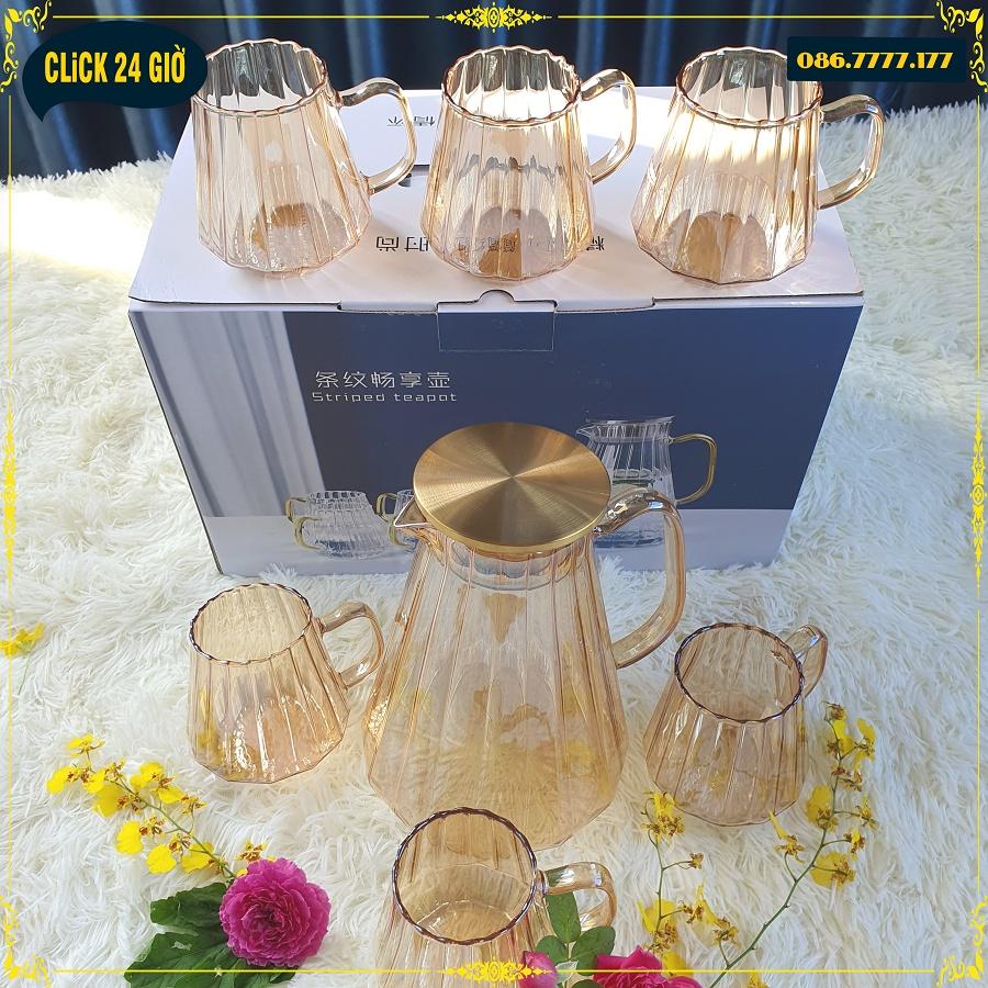 Bộ 1 Bình Và 6 Cốc Thủy Tinh Chịu Nhiệt Striped teapot - Màu Vàng Sang Chảnh
