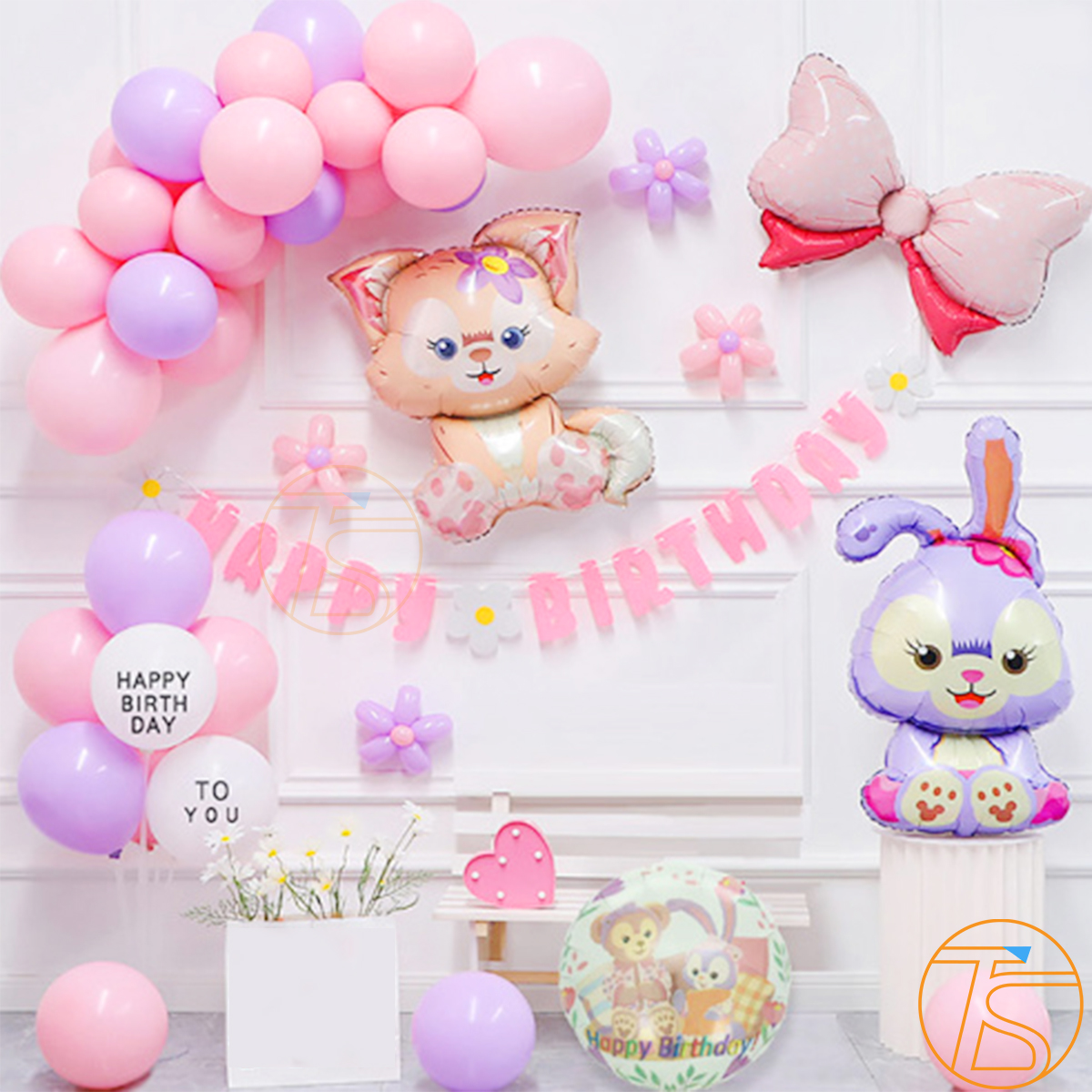 Set trang trí sinh nhật bong bóng thỏ và mèo cùng bộ chữ giấy Happy Birthday nhiều màu sắc cho bé kèm theo ống bơm
