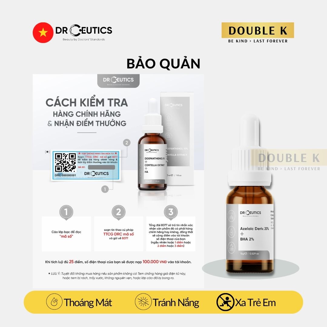 Serum Mụn DrCeutics Azelaic Deriv 20% + BHA 2% - Giảm Mụn, Mờ Thâm Sau Mụn; Ngừa Mụn Tái Phát - Double K