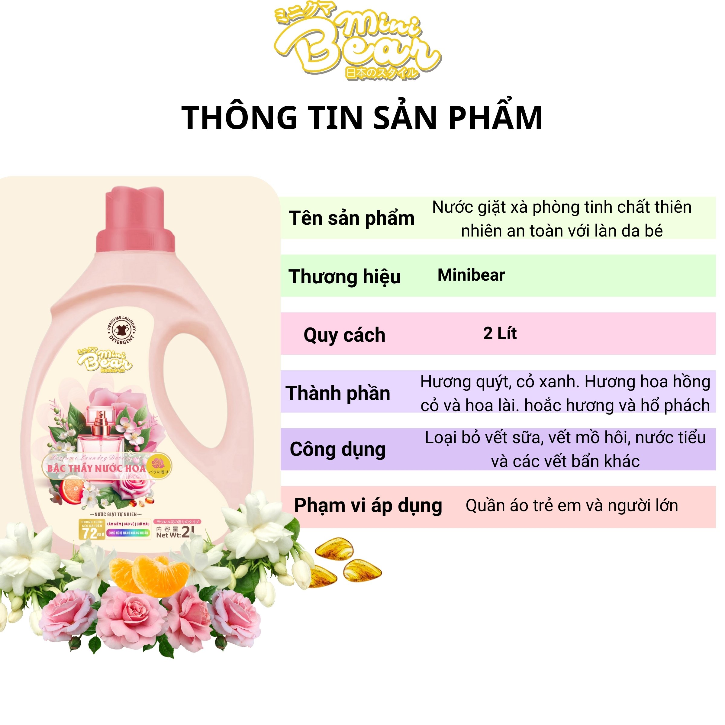 Nước giặt hương nước hoa pháp Minibear - Lưu hương 72h, làm sạch tự nhiên, mùi thơm sảng khoái