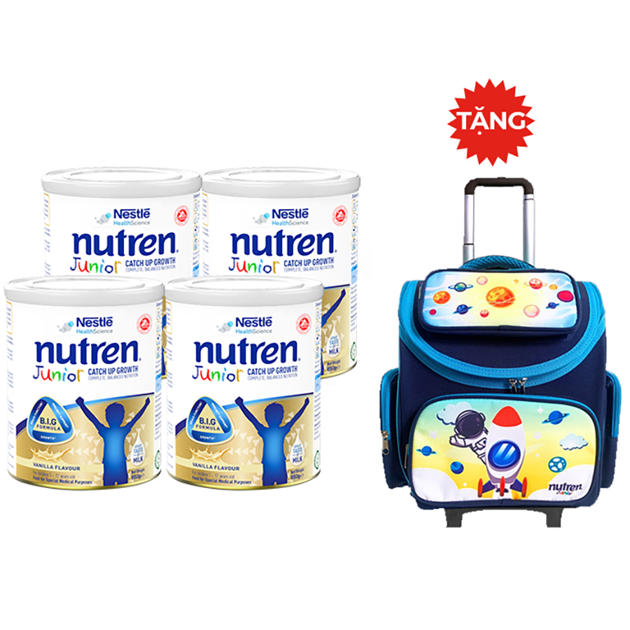 Combo 4 lon sản phẩm dinh dưỡng y học Nutren Junior cho trẻ từ 1-12 tuổi 850g tăng trưởng 3 chuẩn: Thế chất, Đề kháng, Tư duy - Tặng balo cần kéo màu xanh