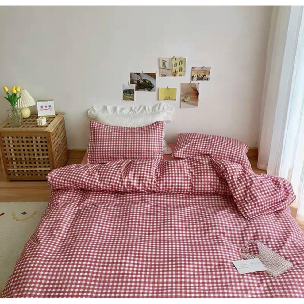 Chăn ga gối chất liệu cotton poly họa tiết kẻ caro đáng yêu đủ size miễn phí bo chun