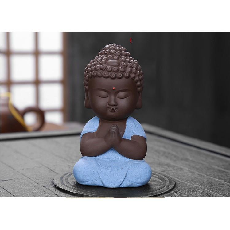 Tượng Như lai mini bằng gốm tử sa cát tím cao cấp xanh vàng hồng, tượng gốm trang trí khay trà, phong thủy