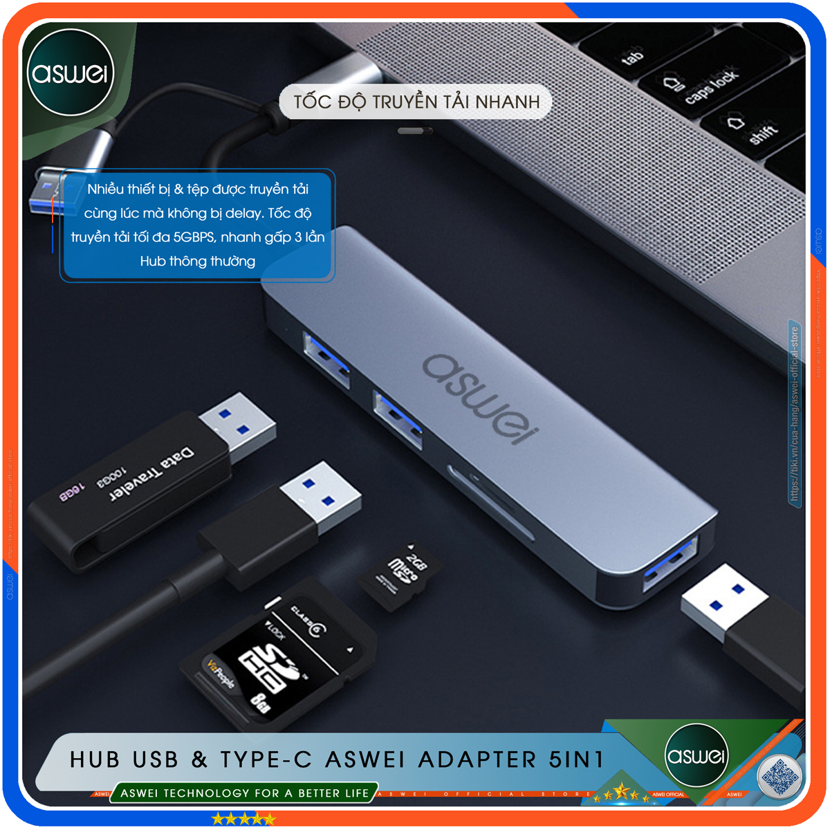 Hub Type C Và Hub USB ASWEI 5 in 1 To USB 3.0, SD, TF - Cổng Chia USB, Ổ Chia USB Tốc Độ Cao - Hub Chuyển Đổi USB Type C Dành Cho Macbook, Laptop, PC, Máy Tính Bảng, Điện Thoại - Hàng Chính Hãng