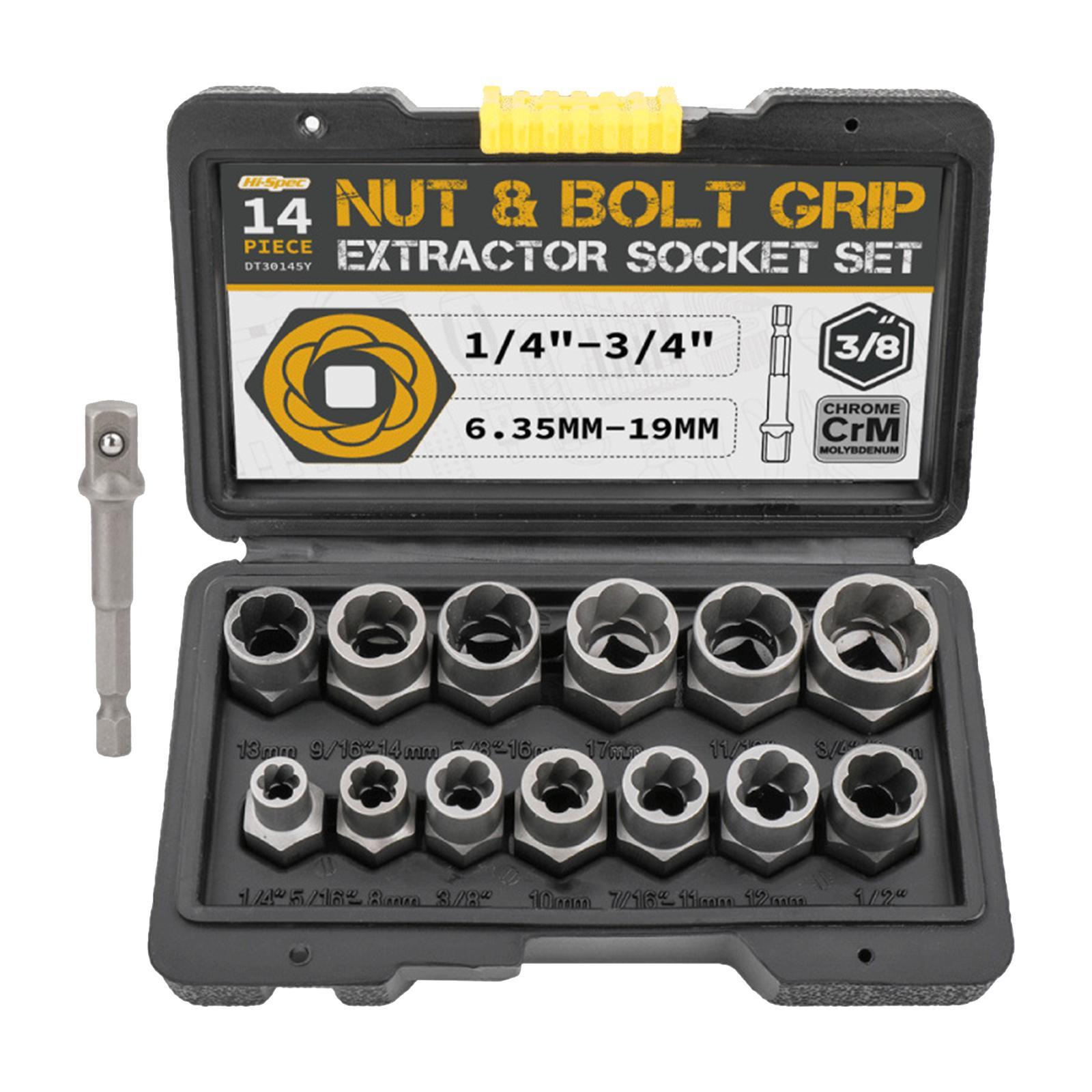 14Pcs Impact Bolt Nut Remover Kit Socket Tool Set Hand Tools 6.35mm - 19mm